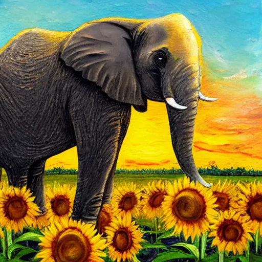 Image similar to Impasto painting of a hidden elephant in a field of sunflowers over a sunset