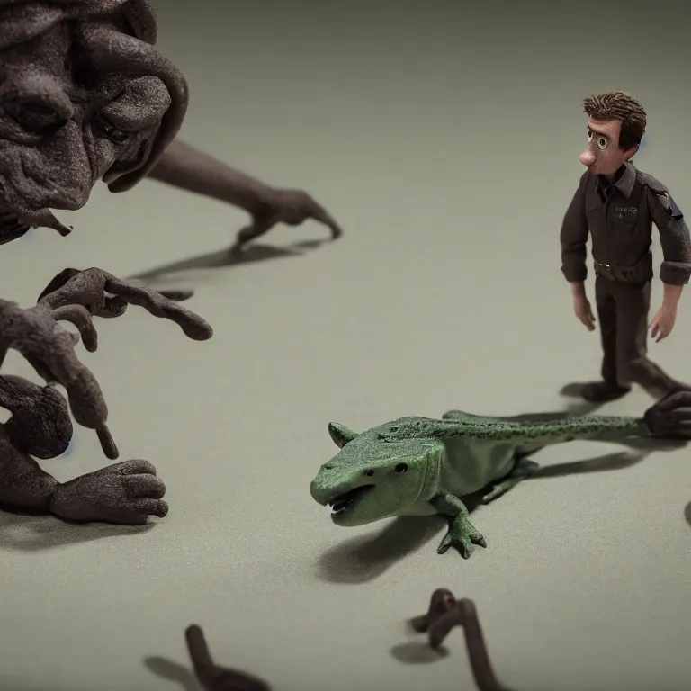 Image similar to a cinematic film still of a claymation stop motion film starring steve irwin, shallow depth of field, 8 0 mm, f 1. 8