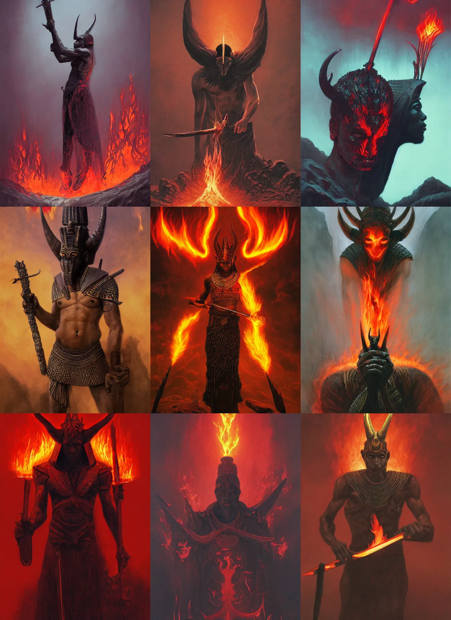 Prompt: black lean egyptian with horns holding flaming sword, lava, intricate, moody, dark, highly detailed, artstation, concept art, sharp focus, illustration, beksinski, morhbacher