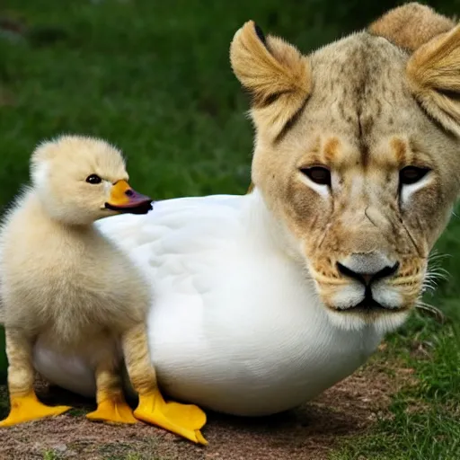 Image similar to a white duck, with a baby lion cub