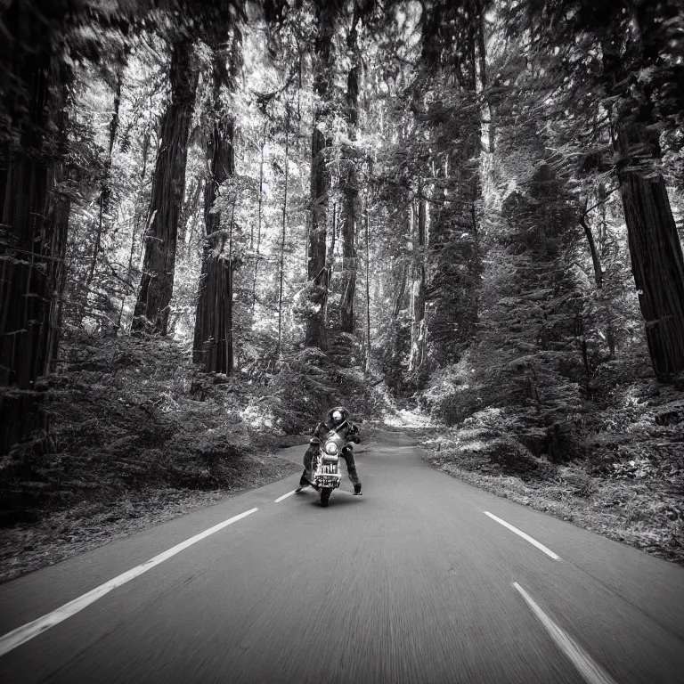 Prompt: a pinhole photograph of bigfoot riding a motorcycle through redwood national park