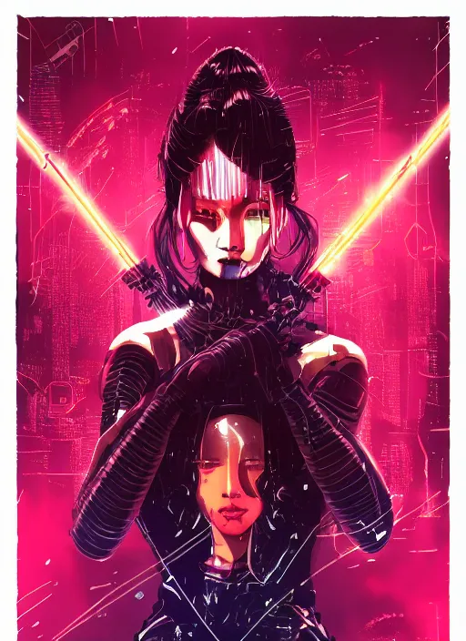 Prompt: a futuristic female geisha warrior, red hair made out of water, blade runner, akira, ghost in the shell, 2077, style of Laurie Greasley and Satoshi Kon + symmetric lights and smoke, psychedelic effects , glowing particles, neon rain, glowing runes, de-noise, symmetrical composition, high detailed + tarot card, ornate border, 8k,