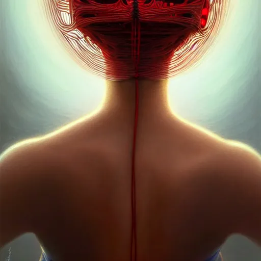 Image similar to low angle shot of a woman seen from the back with red wires , intricate, elegant, highly detailed, centered, digital painting, artstation, concept art, smooth, sharp focus, illustration, artgerm, Tomasz Alen Kopera, Peter Mohrbacher, donato giancola, Joseph Christian Leyendecker, WLOP, Boris Vallejo