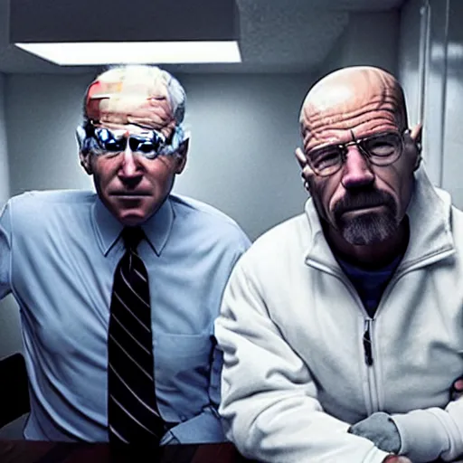 Image similar to “35mm realistic screenshot of Joe Biden and Walter White in an episode of Breaking Bad, atmospheric lighting, award-winning”