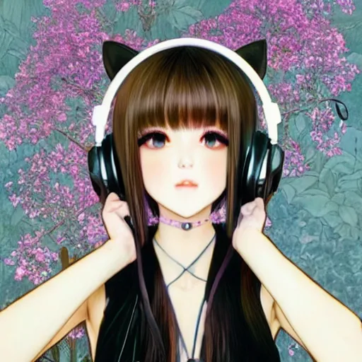 Image similar to realistic beautiful gorgeous natural cute Blackpink Lalisa Manoban black hair fur black cat ears, wearing white camisole summer outfit, headphones, black leather choker, tonemapping artwork drawn full HD 4K highest quality in artstyle by professional artists WLOP, Ayami Kojima, Aztodio, Alphonse Mucha, Taejune Kim, Guweiz on Pixiv Instagram Artstation