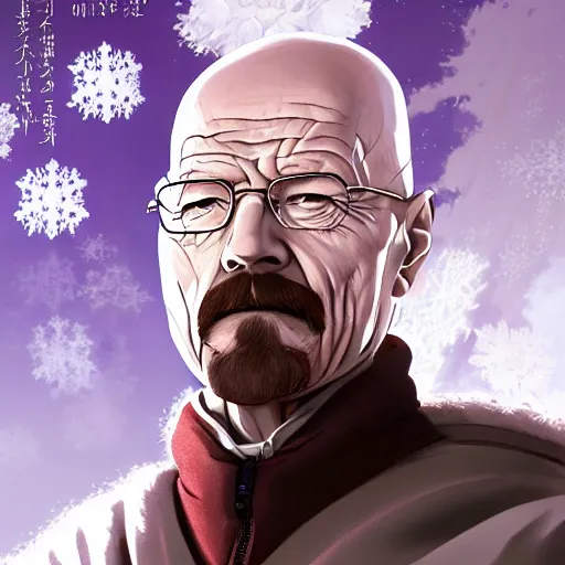 Prompt: portrait of walter white the overlord of the blue ice winter, anime fantasy illustration by tomoyuki yamasaki, kyoto studio, madhouse, ufotable, comixwave films, trending on artstation