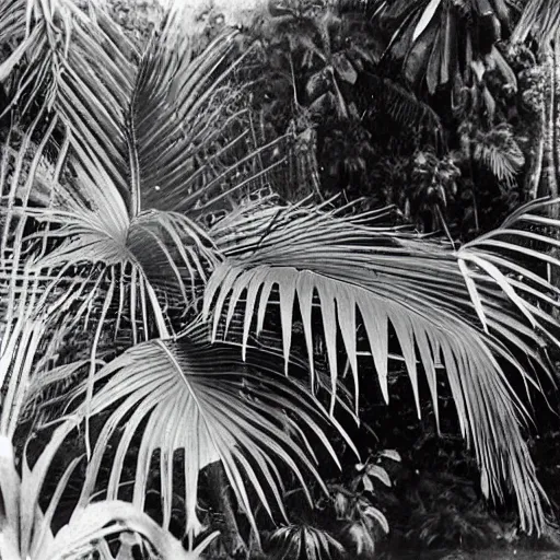 Image similar to a rizom lost film footage of a ( ( ( ( ( ( ( ( 3 d shape ) ) ) ) ) ) ) ) in the middle of the tropical jungle / tropicalism / tropicalism / tropicalism / film still / cinematic / enhanced / 1 9 2 0 s / black and white / grain