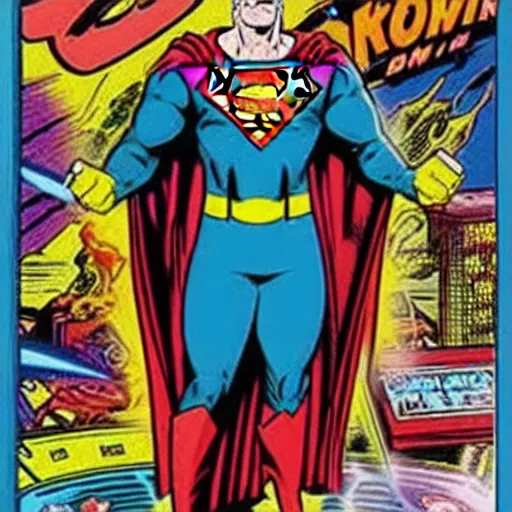 Image similar to a comic book super hero who is just really good at pinball and throws pinball machines he has a long cape his left hand is missing and instead is a launcher from a pinball machine, 4k, highly detailed, heroic pose, graphic novel, bright colors, dark lines