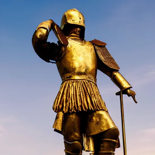Prompt: Headless Roman Soldier in Glistening Gold Armor, Abandoned Roman City, Bright Blue Glowing Sky, Realistic, 4k, High Detail