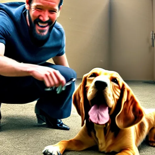 Prompt: john wick smiling and playing with his beagle