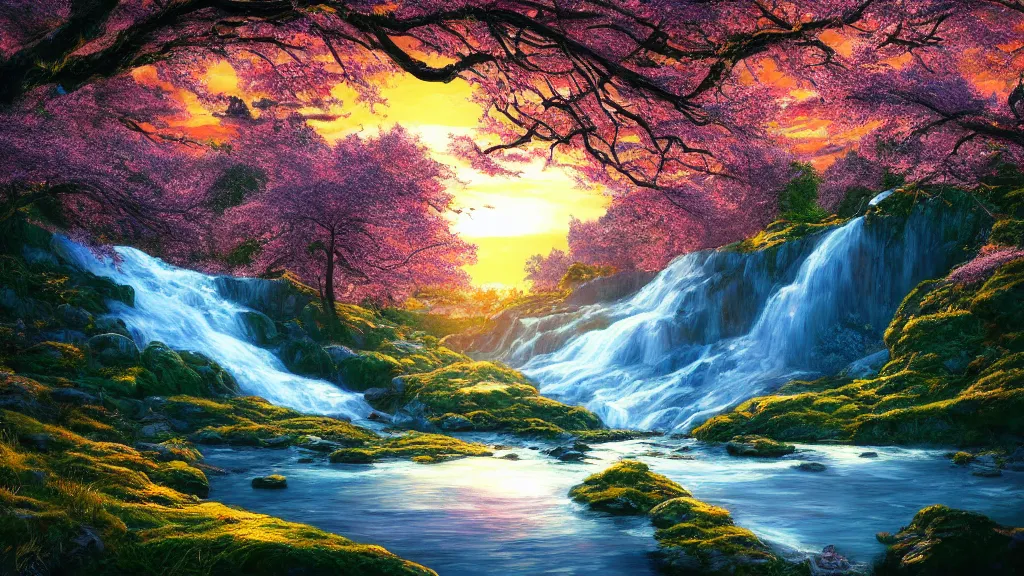 Image similar to featured on artstation cherry tree overlooking valley waterfall sunset beautiful image stylized digital art