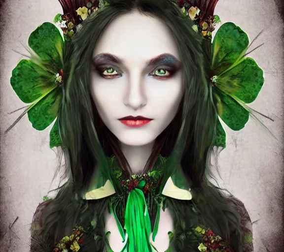 Image similar to beautiful female character inspired by st patricks day parade and floral headdress vampire bounty hunter | | digital artwork made by greg rutswork, anna dittmann and lois van barlee, symmetrical rim light, anatomically correct