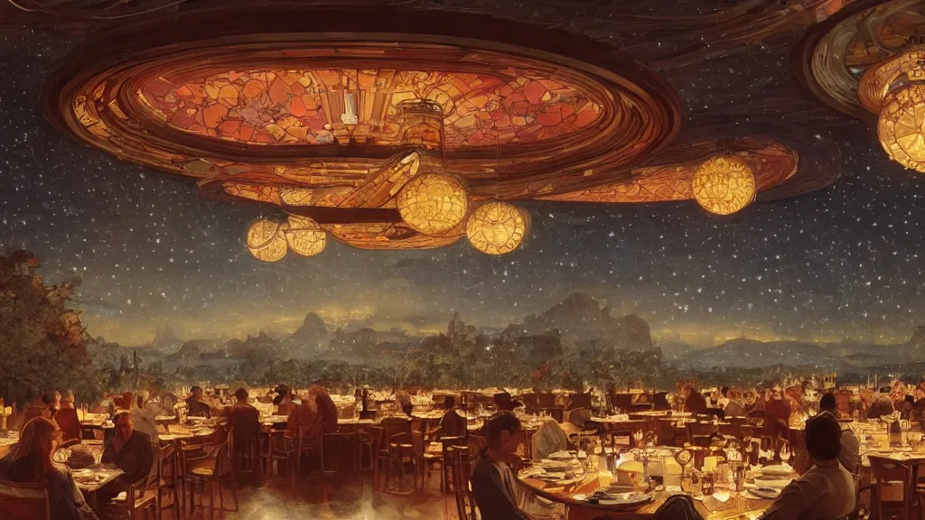 Image similar to a beautiful painting of the view from the river of the interior of a round restaurant designed by frank lloyd wright, at night with a sky full of stars, intricate, elegant, highly detailed, digital painting, artstation, concept art, by krenz cushart and artem demura and alphonse mucha