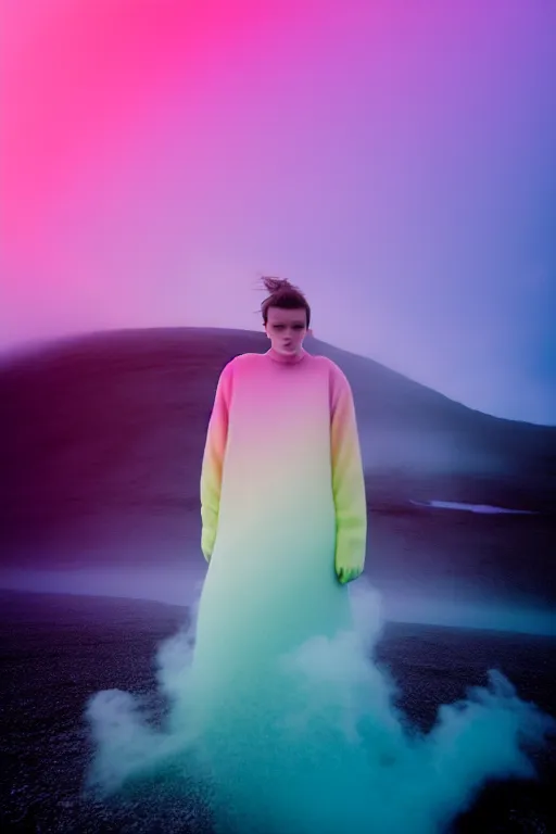 Image similar to high quality pastel coloured film close up wide angle photograph of a model wearing clothing resting on cloud furniture in a icelandic black rock!! environment in a partially haze filled dreamstate world. three point light, rainbow. photographic production. art directed. pastel colours. volumetric clouds. pastel gradient overlay. waves glitch artefacts. extreme facial clarity. 8 k. filmic.