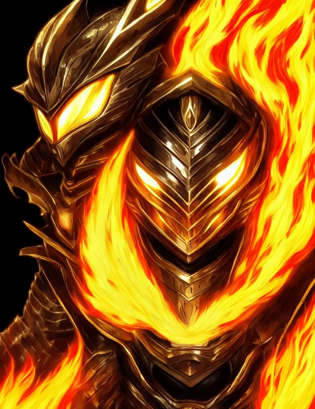 Image similar to a detailed manga portrait of a black haired man with hazel eyes in gleaming golden armour that burns with golden fire, trending on artstation, digital art, 4 k resolution, detailed, high quality, sharp focus, hq artwork, coherent, insane detail, character portrait