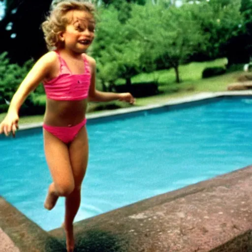 Prompt: Film still of a girl with short hair jumping on the pool, movie from 1996