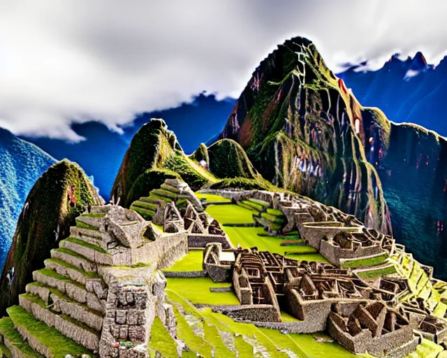 Image similar to 4 k hd, high resolution photograph of machu picchu, shot with sigma f / 4. 2, 2 5 0 mm sharp lens, wide shot, volumetric lighting, high level texture render