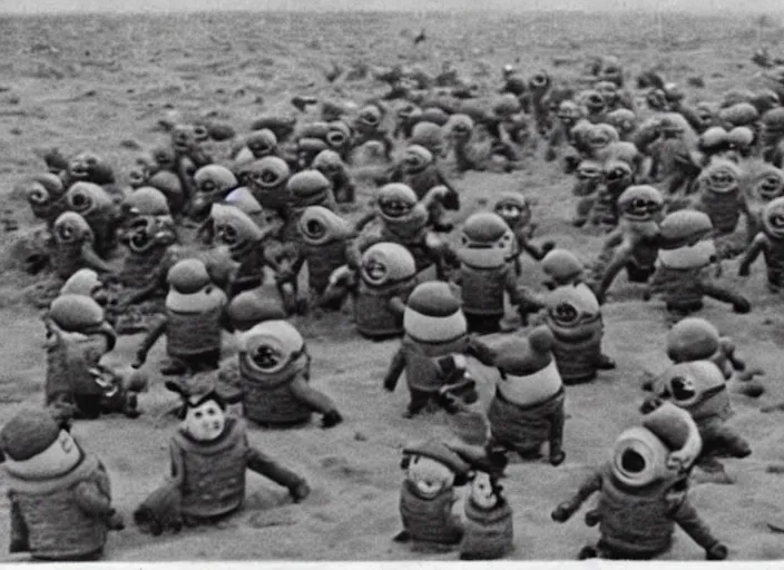 Image similar to despicable me minions storming the beaches of Normandy on d-day, world war 2 old photo, grainy