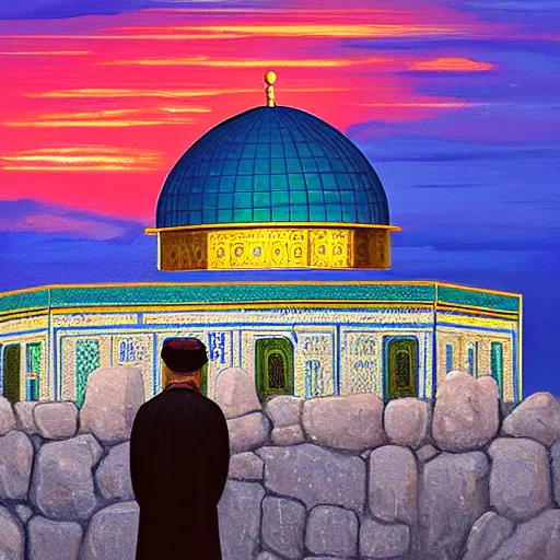 Image similar to a beautiful oil painting flyer design illustration of dome of the rock jerusalem and a muslim is praying to god in front of it, rule of thirds, sunset, highly detailed, perfect lighting, perfect composition, 4 k, artgerm, derek zabrocki, greg rutkowski - h 7 6 8