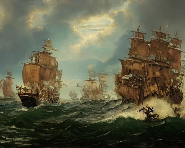 Prompt: pirate show, matte painting by andreas achenbach