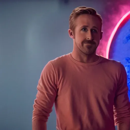 Prompt: Movie still of Ryan Gosling as humanoid Pacman, big round yellow head