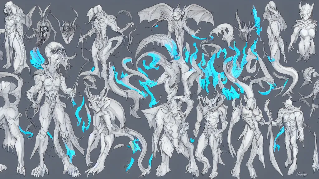 Image similar to a fantasy white and pale blue draconian demon with bright eyes character design sheet, trending on artstation