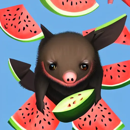 Prompt: cute kawaii realistic fruit bat eats a watermelon piece, digital art, high quality, illustration, art, detailed, 3 d render, by sydney hanson, sticker,