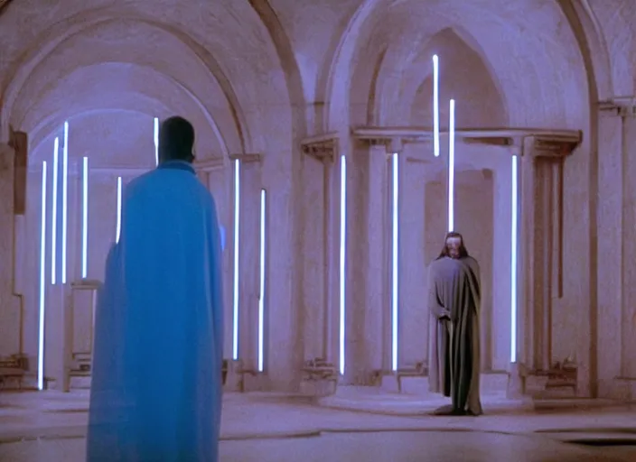 Image similar to screenshot of the force ghost glowing blue spirit of qui gon jinn speaking to Luke skywalker, in a hazy lit ancient Jedi cathedral, screenshot from the 1970s star wars thriller directed by stanley kubrick, Photographed with Leica Summilux-M 24 mm lens, ISO 100, f/8, Portra 400, kodak film, anamorphic lenses