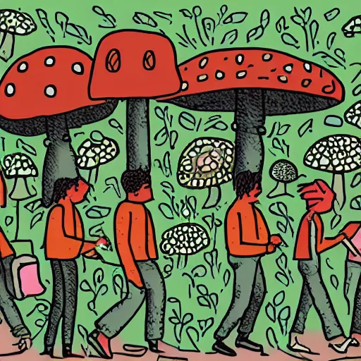 Image similar to Illustration of mushroom people going about their day in the city