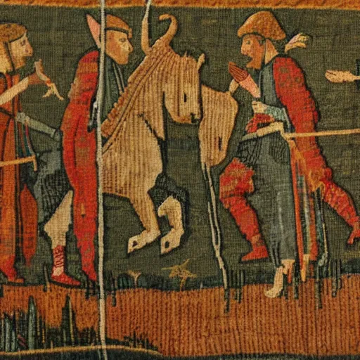 Image similar to highly textured ancient tapestry with a unicorn hunt scene made of threads realistic 15th century, museum