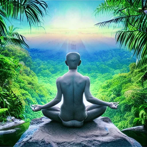 Prompt: human meditating supreme peace immense knowledge amazon jungle in background impending doom dmt art