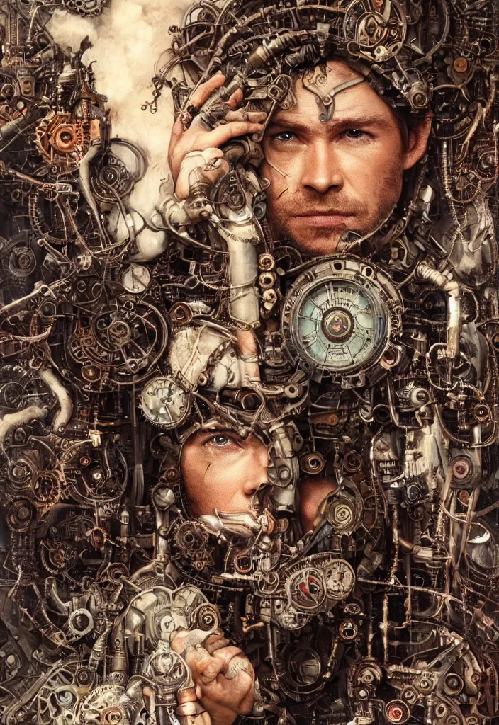 Image similar to portrait of industrial art, steampunk, chris hemsworth, 8 k, by tristan eaton, stanley artgermm, tom bagshaw, greg rutkowski, carne griffiths, ayami kojima, beksinski, giger, trending on deviantart, face enhance, hyper detailed, minimalist, gears, mechanical, victorian era, full of colour, super detailed