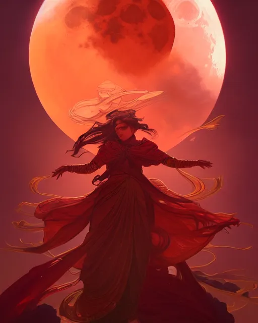 Image similar to painting of the blood moon, decorated, intricate, elegant, highly detailed, digital painting, artstation, concept art, smooth, sharp focus, illustration, art by artgerm and greg rutkowski and alphonse mucha, 8 k