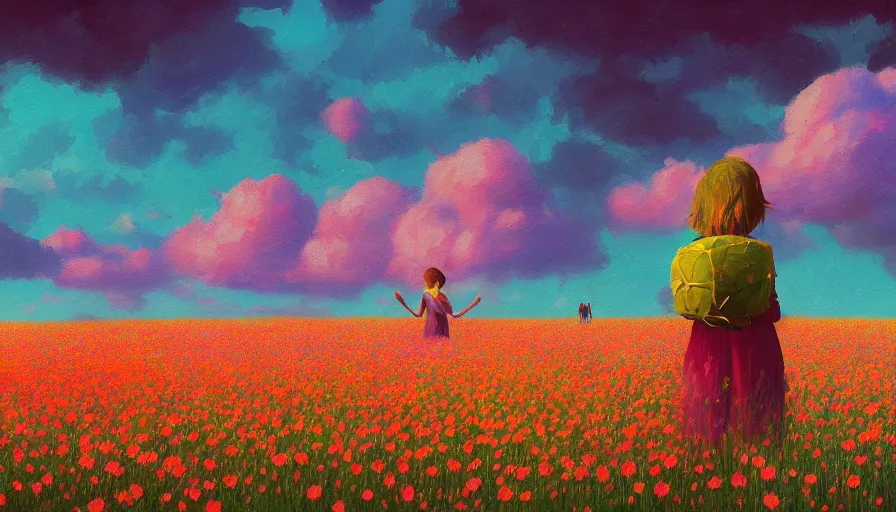 Prompt: girl with a flower face, surreal photography, dream, standing in flower field, hills, big trees, sunrise dramatic light, impressionist painting, colorful clouds, digital painting, pointillism, artstation, simon stalenhag, flower face