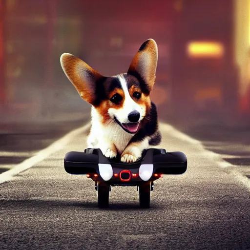 Image similar to corgi riding a hoverboard concept art, ultra realistic, digital art, rich deep colors, smooth shadows, high resolution, cinematic