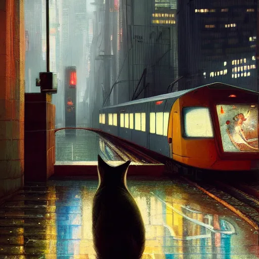 Image similar to detailed portrait of a cat, moment, cyberpunk elevated train, electronic billboards, tech noir, wet reflections, atmospheric, ambient, livia prima, greg rutkowski, edward hopper, pj crook