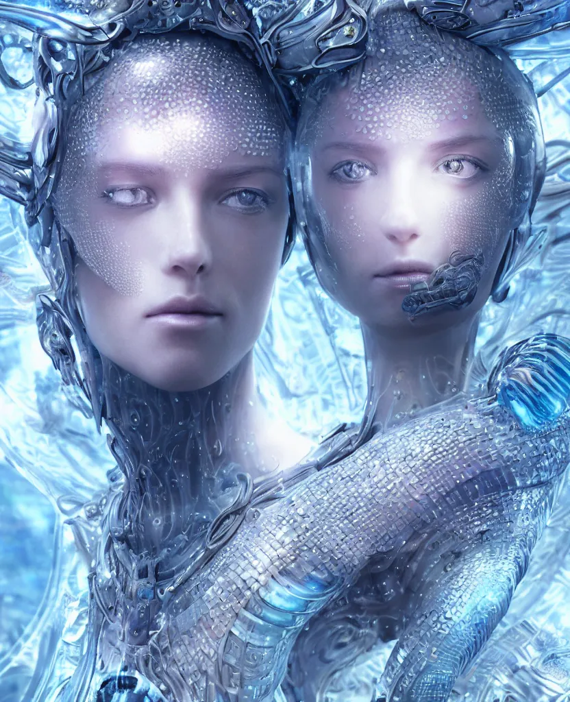 Image similar to epic futuristic ancient close-up macro portrait of the face of a beautiful princess, epic angle and pose, symmetrical artwork, 3d with depth of field, blurred background, cybernetic jellyfish crystal, obsidian, female face skull phoenix bird, translucent, nautilus, energy flows of water and fire. a highly detailed epic cinematic concept art CG render. made in Maya, Blender and Photoshop, octane render, excellent composition, cinematic dystopian brutalist atmosphere, dynamic dramatic cinematic lighting, aesthetic, very inspirational, arthouse. y Greg Rutkowski, Ilya Kuvshinov, WLOP, Stanley Artgerm Lau, Ruan Jia and Fenghua Zhong