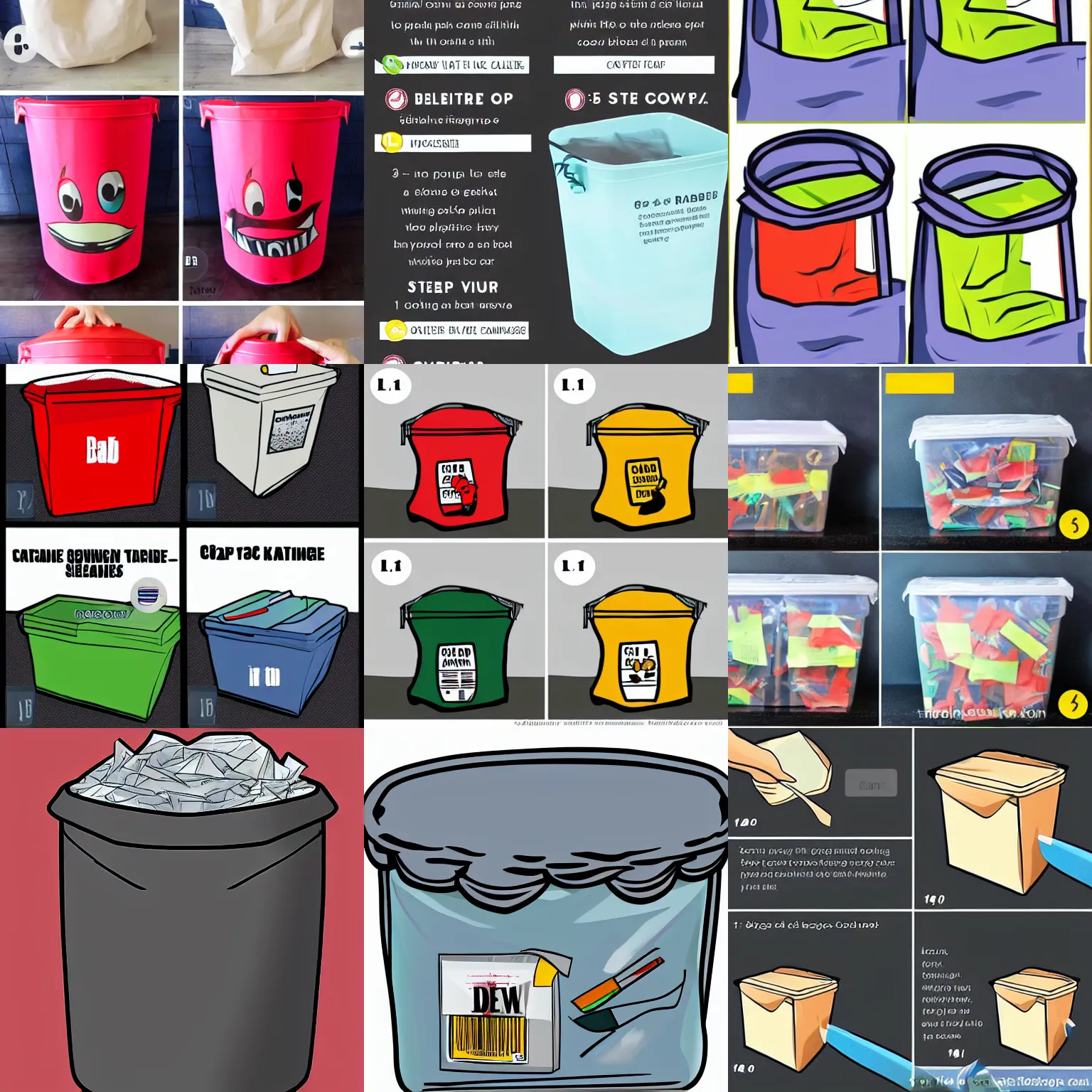 Prompt: garbage bag into container, step-by-step guide, how-to, cartoon