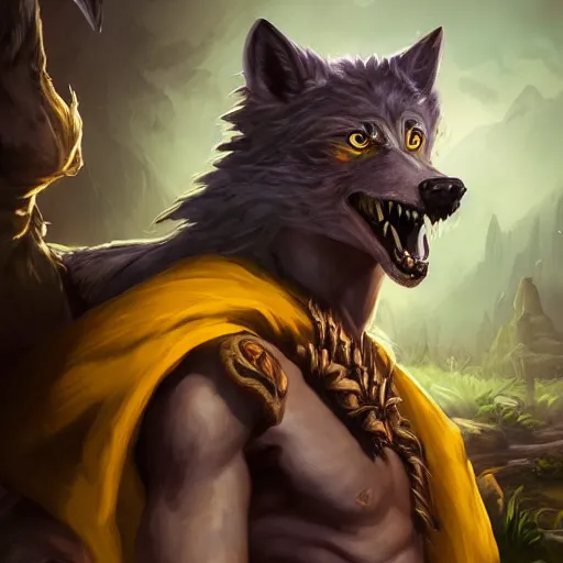 Image similar to portrait of young wild arabian nomad half werewolf, with yellow cloths, league of legends splash art, hearthstone splash art, full body shot, rule of thirds, ultrafine hyperrealistic detailed face, artgerm, greg rutkowski, trending on artstation, 8 k, intricately detailed, highly detailed