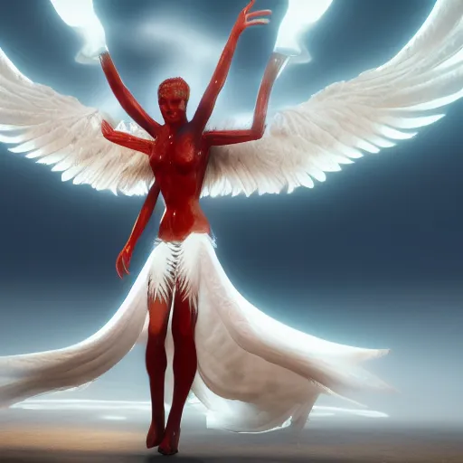 Image similar to biblically acurate angel, highly detailed, white, feathers, red, heavenly, dynamic lighting, 3 d rendering, blender, unreal engine, eyes, realistic.