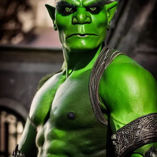 Prompt: a handsome green-skinned half-orc in the city, today's featured fantasy photography