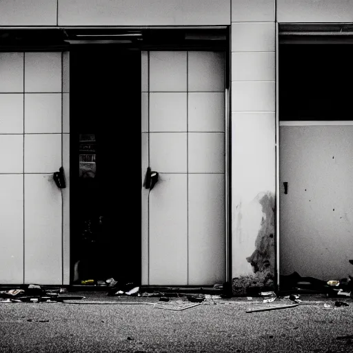 Image similar to a ransacked convenience store, broken door, in a town filled with pale yellow mist. Dystopian. Grainy. Award-winning photo. Sigma 40mm f/1.4 DG HSM