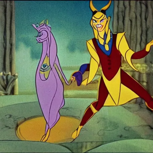 Image similar to Film still, animation frame of the trickster god Loki playing a trick on princess, from the Disney animated film, Valhalla (1996)