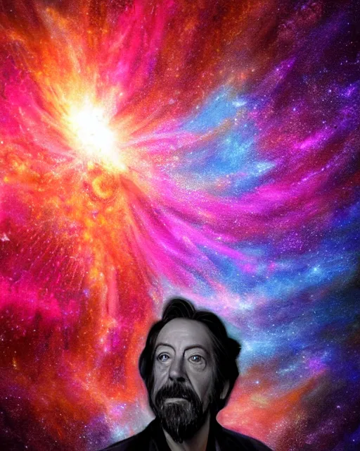 Prompt: alan watts floating in a nebula explosion wormhole portrait painting highly detailed procreate, 3d render senior artist, photorealistic, textured, featured on artstation