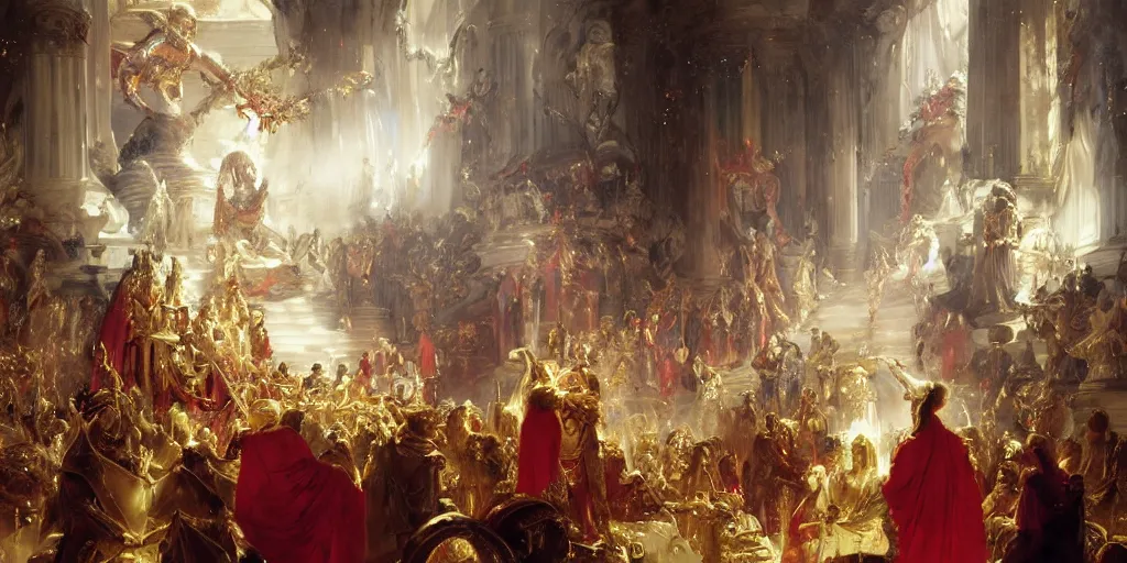 Image similar to beautiful oil painting, high details, alien in royal crimson robes enthroned as the alien god emperor of ancient civilization surrounded by servants in gilded halls a golden wreath upon his head, by anders zorn, wonderful masterpiece by greg rutkowski, beautiful cinematic light, american romanticism, by thomas lawrence, greg rutkowski