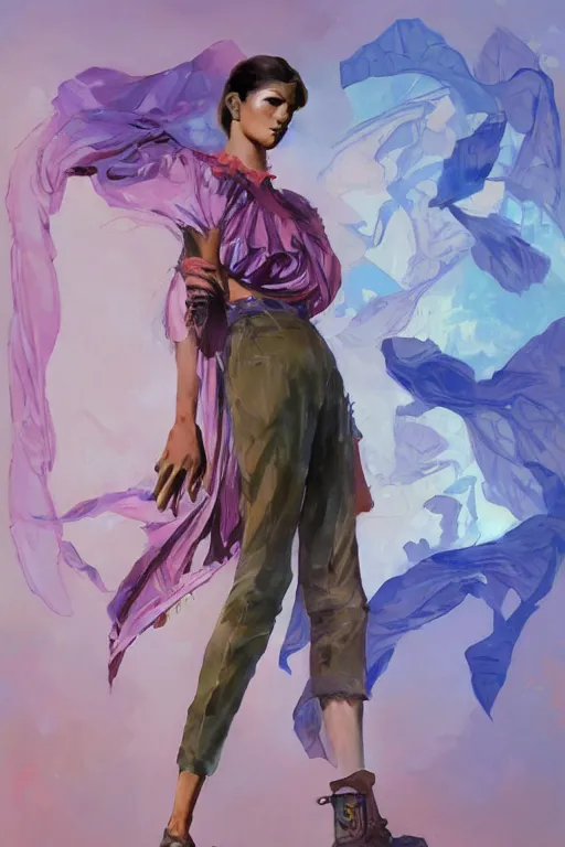 Prompt: an hyper intricate oil painting of gen z model wearing a fashion outfit with a clean t - shirt for mockups, full body ultra fashion model pose by vogue, excellent composition, by yoshitaka amano, by greg rutkowski, by alphonse mucha, by rhads, by ross tran, trending on artstation