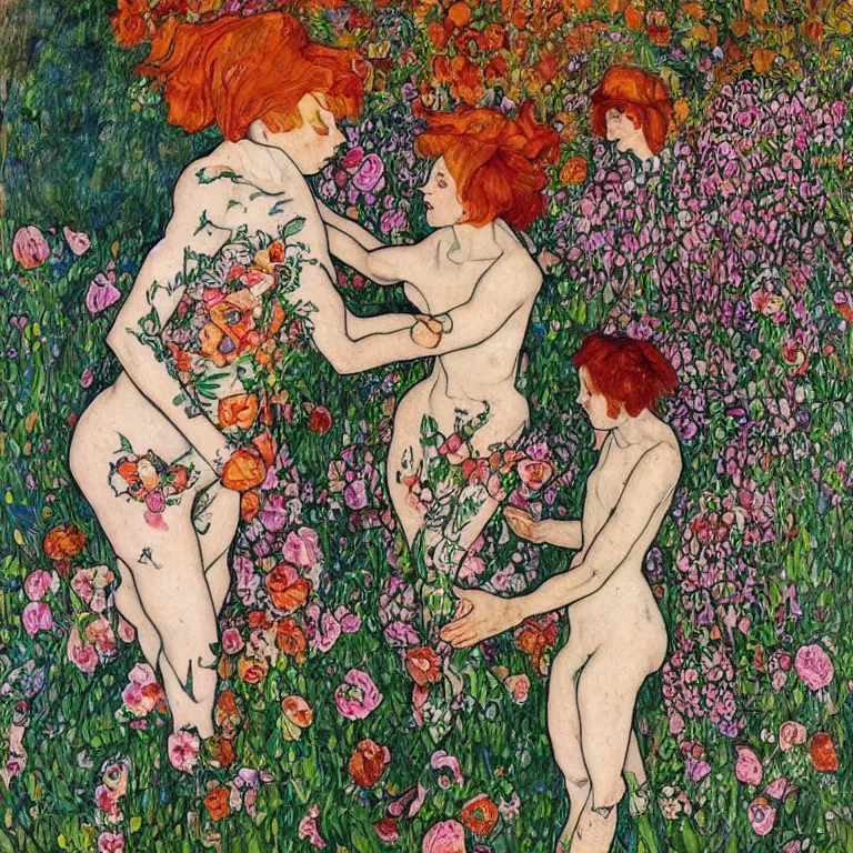 Prompt: a ginger lady with a pixie cut and covered in tattoos dancing by the riverside in a garden full of huge flowers by tivadar csontvary kosztka and egon schiele