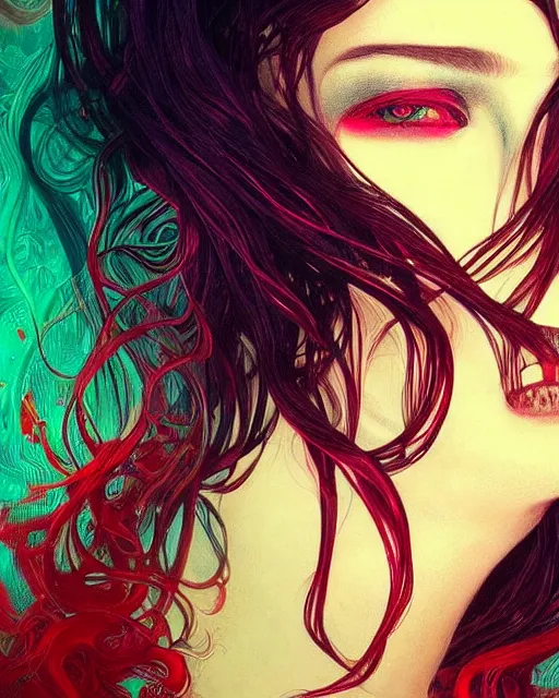 Image similar to glitch art close up portrait intense vampire, flowing hair, glitches, highly detailed, very intricate, graphical errors, art deco, glitch, chromatic aberration, harsh lighting, award - winning, unreal engine 5, illustration by mandy jurgens and alphonse mucha and alena aenami, black and red only!!!, featured on artstation