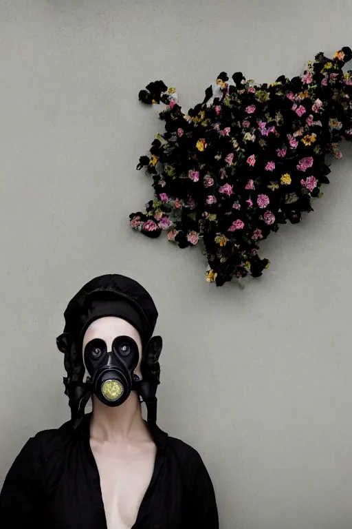 Image similar to a surreal portrait of a woman wearing gas mask blending into a wall of black flowers in the style of brooke didonato, editorial fashion photography from vogue magazine, full shot, nikon d 8 1 0, ƒ / 2. 5, focal length : 8 5. 0 mm, exposure time : 1 / 8 0 0, iso : 2 0 0