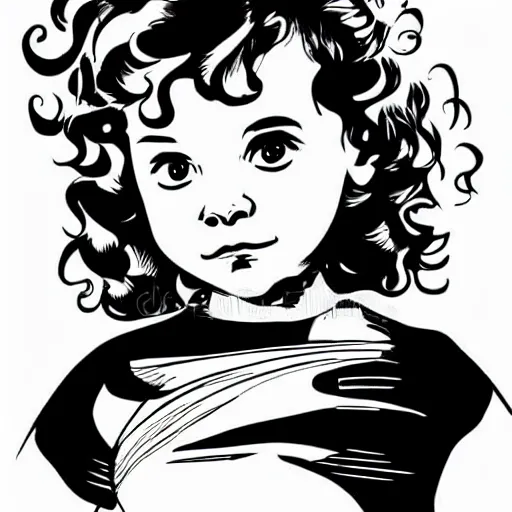 Prompt: clean simple line art of a little girl with short wavy curly hair. she is a super hero. white background. well composed, clean black and white line drawing, beautiful detailed face. illustration by charlie adlard and steve ditko